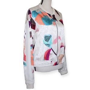 Anthropologie Elevenses Bomber Jacket Geo Print Satin Ivory Pastel Zipper Size M